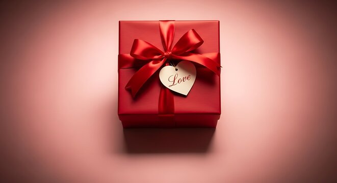 Beautifully wrapped red gift box with ribbon and heart shaped tag.