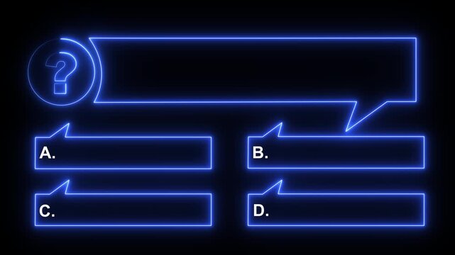 Quiz Neon Line Animation with option selection on black background ,Quiz template challenge with option selection, quiz game animation, Motion graphics of question bank concept
