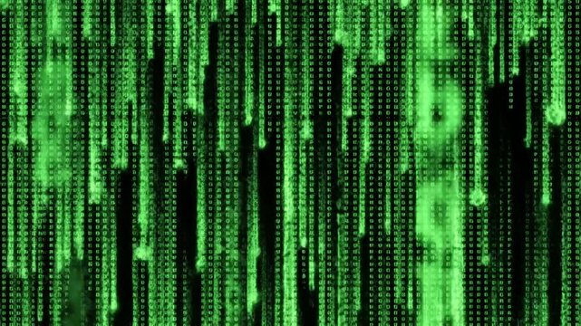 Digital Innovation with abstract computer monitor moving symbols animation green linux terminal commands on black background conept of operating systems and technologies distortion, screen overlay