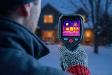 サーモグラフィーカメラで住宅の熱損失を検査する男性