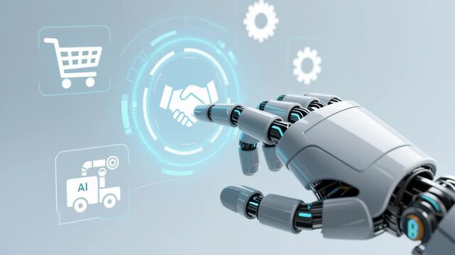 AI power automation technology smart business procurement process management with contract and document approval, robotic hand interface for efficient workflow and decision making