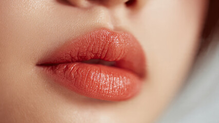 Fototapeta premium Detailed macro shot of full, textured coral-red lips with a subtle gloss, surrounded by smooth skin