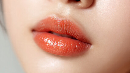 Fototapeta premium Detailed close-up of glossy, coral-hued lips and flawless, luminous skin, highlighting texture and a healthy glow