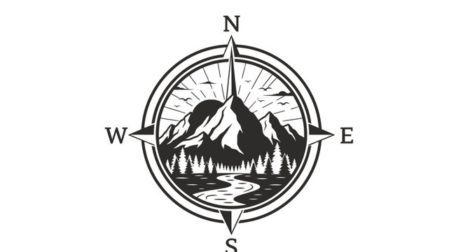 Compass Rose with Majestic Mountain Landscape and Winding River.