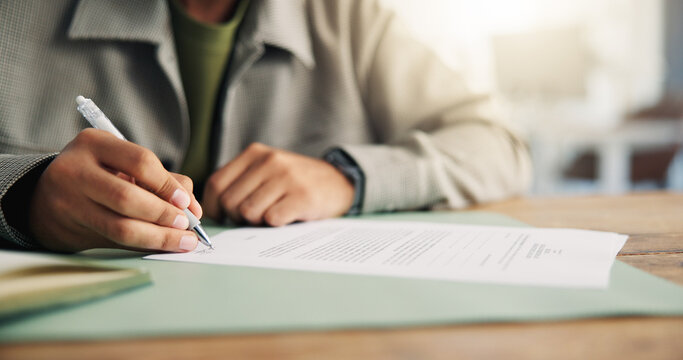 Sign, documents and hands of business man in office for onboarding, company policy and agreement. Startup, agency and person with paperwork, signature and pen for recruitment, hiring and contract