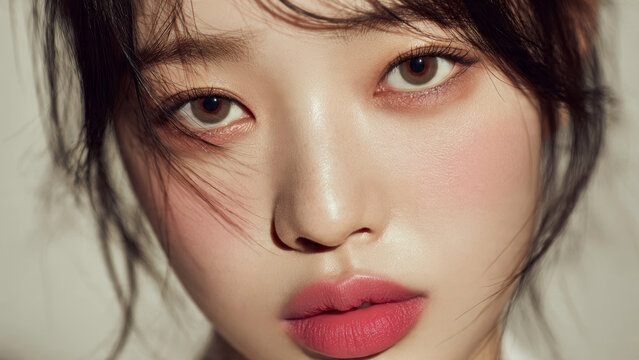 Macro shot of a woman's expressive face, highlighting her detailed eyes, blushed cheeks, and vibrant pink lips