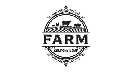 Obraz premium Vintage Farm Logo with Livestock and Fields in Ornate Frame.