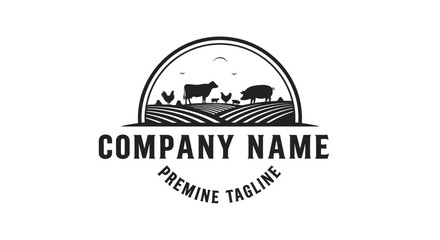 Vintage Farm Logo with Livestock and Fields.