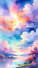 Fototapeta premium A serene landscape with a vibrant cloudy sky over a tranquil lake