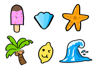 Fototapeta premium Hand Drawn Summer Doodle Icons Set with Sun, Ice Cream, Tropical Fruits, Beach Objects, Sea Elements, Vacation Symbols, Cute Cartoon Style Illustration Isolated on White Background for Design, Sticker