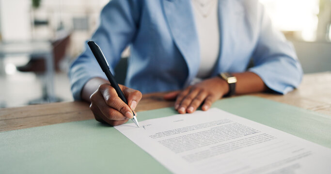 Business woman, hands and documents with signature for company agreement, policy or contract. Female person, employee or writing with application or form for recruitment process or deal in office