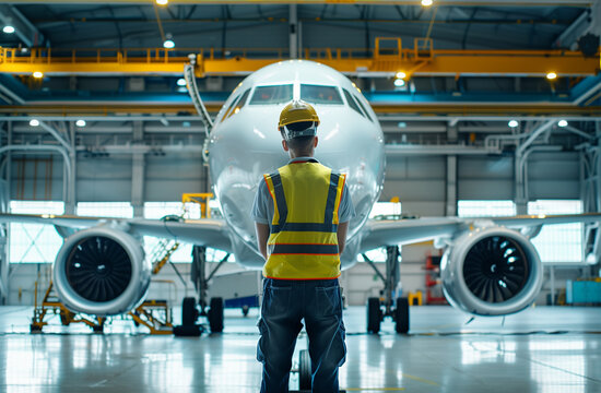 Ground Crew Member Standing behind Aircraft in Hangar