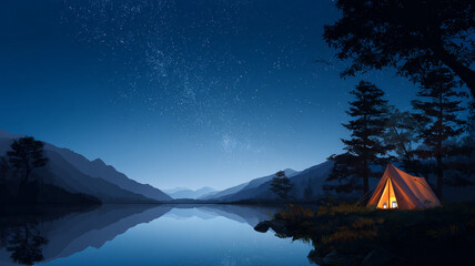 Minimalist vector illustration of a starry night sky with crescent moon and stars above a silhouetted mountain campsite.