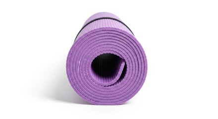 Rolled Up Purple Yoga Mat with Black Strap on White Background Focused View