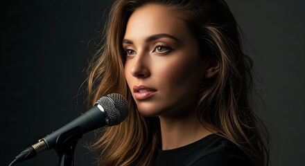 Portrait of a beautiful young singer working in a studio.