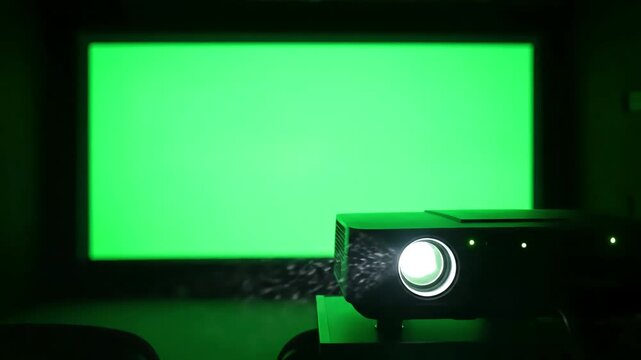 Projector Operating with cinema shows green screen distortion, overlay, glitch, static noise, scan lines on black background, 4k animated video loop