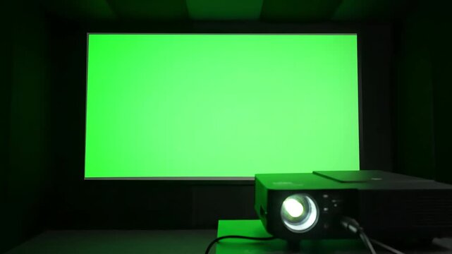 Projector and Green Beam with cinema shows screen distortion, overlay, glitch, static noise, scan lines on black background, 4k animated video loop