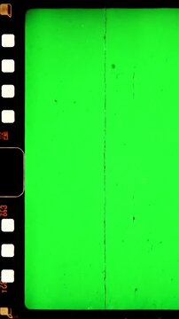 Authentic Retro Film Emulation with old green screen strip reel footage distortion, overlay, glitch, static noise, scan lines on black background, 4k animated video loop