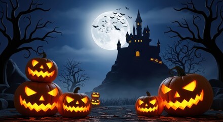 Fototapeta premium Spooky Halloween Night With Jack O Lanterns And Castle Under Full Moon With Bats
