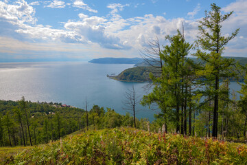 Top view of Baikal lake and the source of the Angara river on a sunny September day. Irkutsk region, Russia