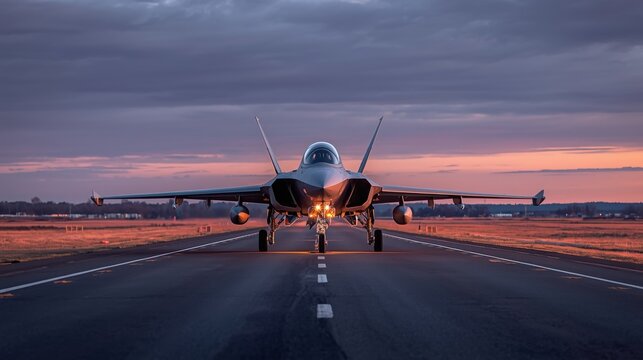 Aggressive fighter jet on a runway at dusk, illuminated by runway lights, with dramatic clouds overhead.