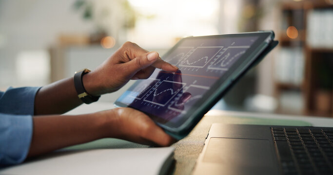 Hands, tablet screen and graphs at office for trading, stats or laptop for stock market analysis. Person, broker or investor with tech, ux and click for chart, review or fintech app at finance agency