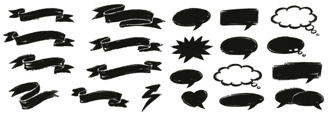 Hand Drawn Black Brush Banner and Speech Bubble Set Grunge Comic Shapes isolated on transparent background, generative ai