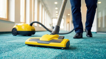 オフィス廊下の青いカーペットを掃除する黄色い掃除機と人物の足元