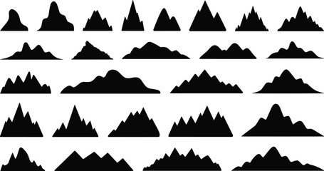 Large collection of mountain silhouette shapes with natural scenic peaks, rolling hills and abstract ridge formations for nature backgrounds, outdoor travel themes and modern design projects © Wajkuruni