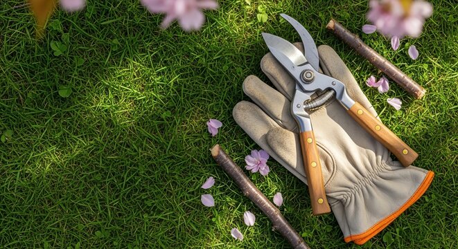 Pruning shears and protective gloves ready for spring cherry tree pruning on green grass, a seasonal garden care concept