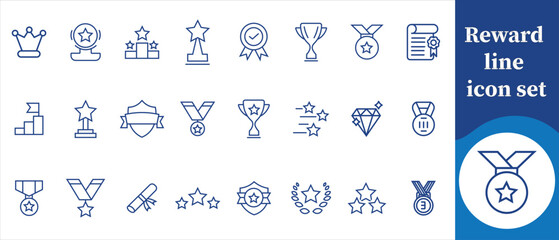 Award line icon set, distinction, isolated, mark, flat, place, praise, graphic, victory, difficult, merit, collection, click, prestige, transparent background, glyph, editable stroke and more