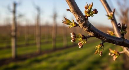 Obraz premium Healthy cherry tree branch with new buds in an orchard, reflecting the concept of spring growth and successful pruning.