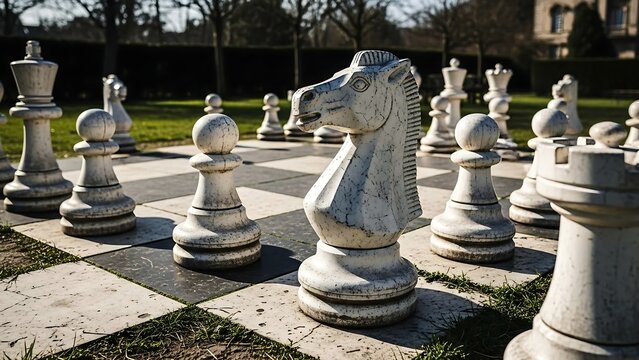 Large outdoor chess board with pieces.