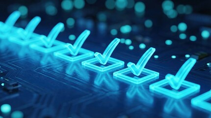 青い光沢のあるチェックマークが並んだデジタル回路基板のクローズアップ