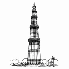 Obraz premium Qutub Minar Delhi Line Art Vector Illustration Isolated on White