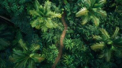 Top View of a Narrow Winding Dirt Path Through a Dense Tropical Jungle with Lush Palm Trees and Ferns