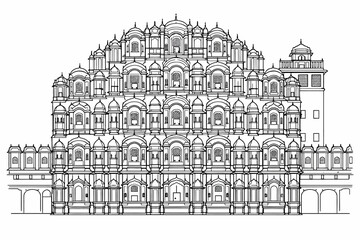 Fototapeta premium Hawa Mahal Jaipur Rajasthan Line Art Illustration, Detailed Black and White Drawing of Famous Indian Palace with Jharokha Windows, Lattice Facade and Rajput Mughal Architecture 