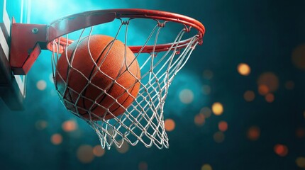 バスケットボールがネットに入る瞬間、青い光とボケ効果