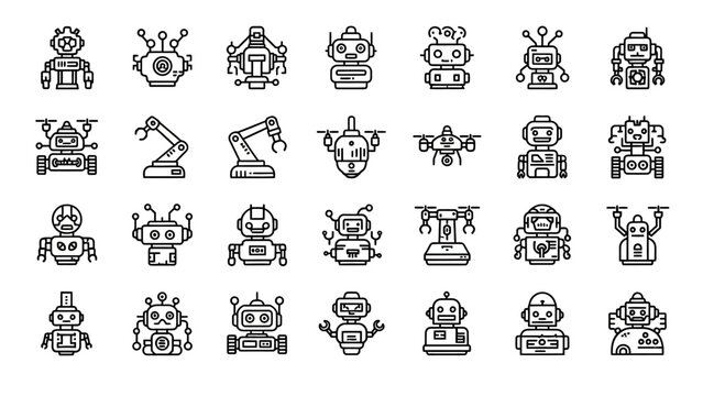 Robots icons set in black outline.