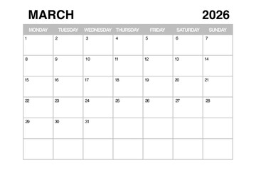 March 2026 Monthly Calendar Planner Template. 3d Rendering