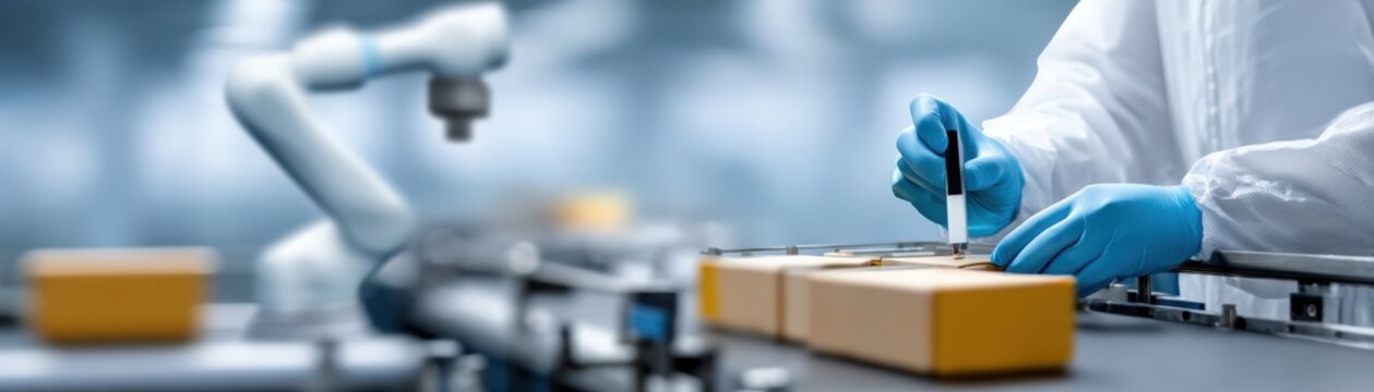 A lab technician in protective gear examines packages on a conveyor belt, highlighting automation and precision in a clean workspace, human agency, care and responsibility