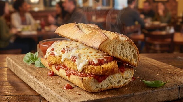 Hot melted cheese sandwich with breaded chicken and marinara sauce, italian sub deliciousness, long roll.