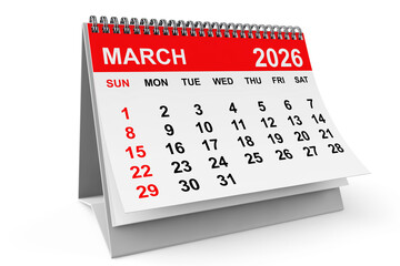 2026 Year March Calendar. 3d rendering