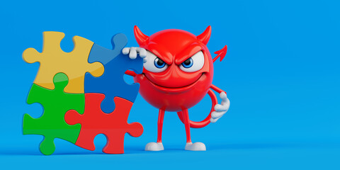 Naklejka premium Problem Solving And Strategic Thinking Concept. Red Evil Cartoon Character Holding Colorful Puzzle Pieces. 3D Rendering