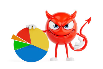 Fototapeta premium Data Analysis And Business Control Concept. Red Evil Cartoon Character Holding Colorful Pie Chart. 3D Rendering