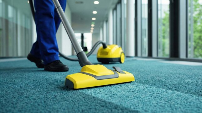 オフィスカーペットを掃除する黄色い掃除機と清掃員の足元