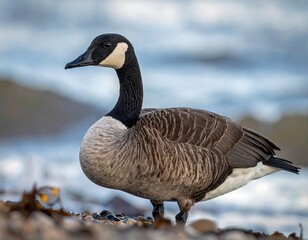 A Canada goose stands on a rocky shoreline with water in the background