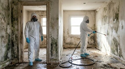 防護服を着た作業員によるカビだらけの廃屋の清掃と消毒作業