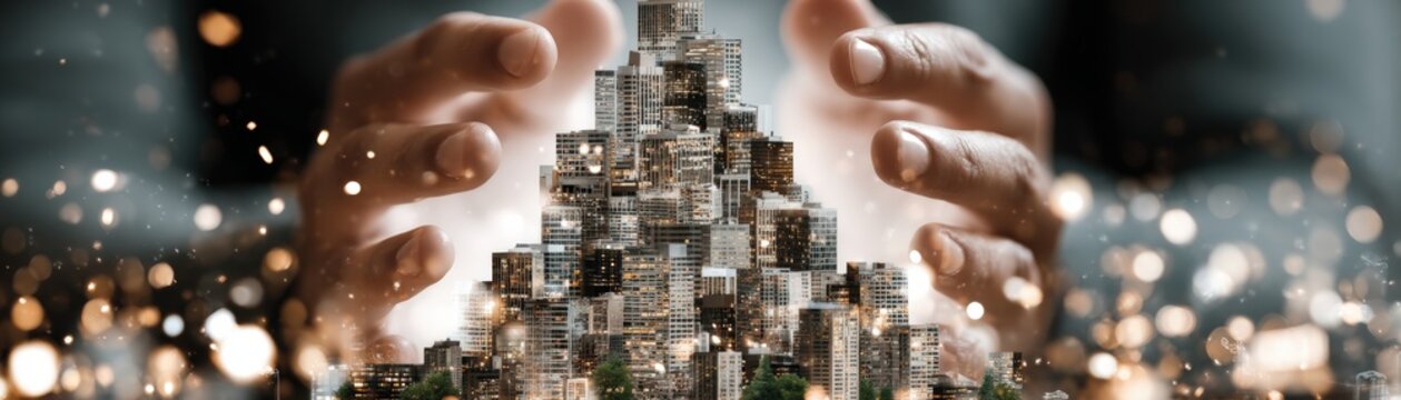 A pair of hands holds a miniature cityscape, creativity and innovation in urban development against a backdrop of shimmering lights, human agency, care and responsibility