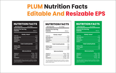 Nutrition facts templates for plum products displayed in various colored layouts on a clean interface